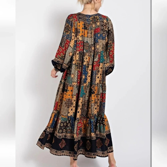 New! Easel Vintage Boho Patchwork Printed Challis Maxi Dress - Picture 5 of 5
